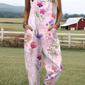Women's  Vintage Flower Art Print Casual 100% Cotton Wide Leg Jumpsuit