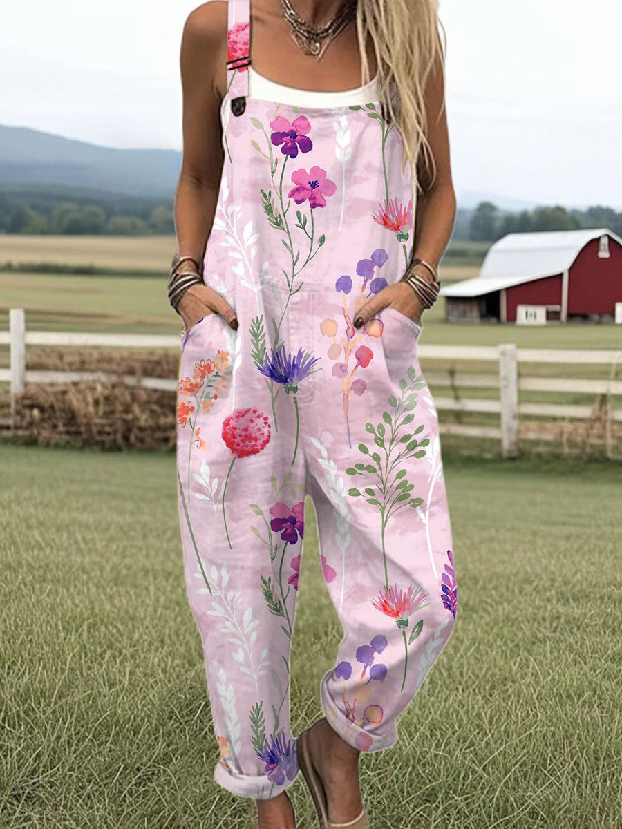 Women's  Vintage Flower Art Print Casual 100% Cotton Wide Leg Jumpsuit