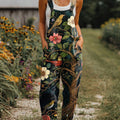 Women's  Vintage Flower Art Print Casual 100% Cotton Wide Leg Jumpsuit