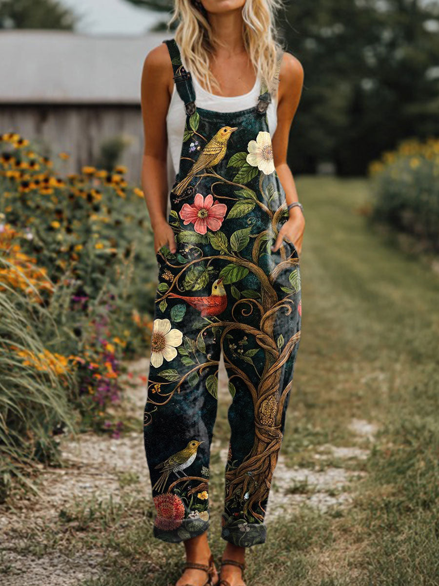 Women's  Vintage Flower Art Print Casual 100% Cotton Wide Leg Jumpsuit