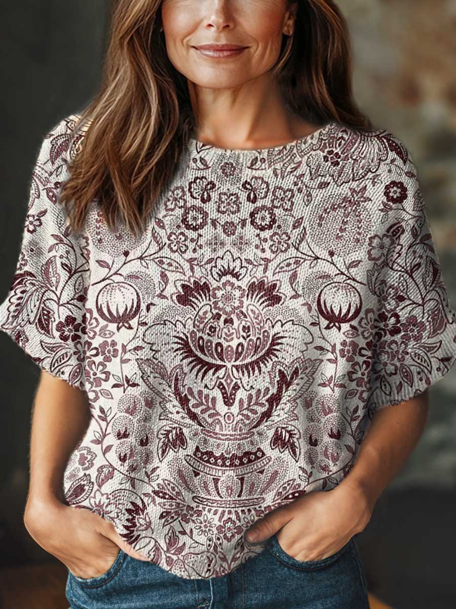 womens-vintage-art-ethnic-flower-print-casual-crew-neck-short-sleeve-knitted-sweater