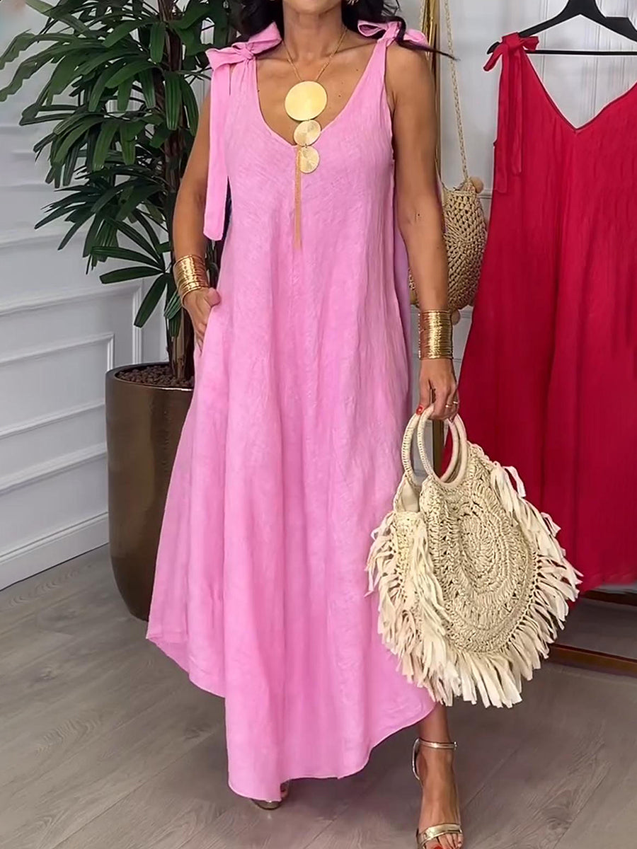 Tie-strap Bow Cotton and Linen Dress