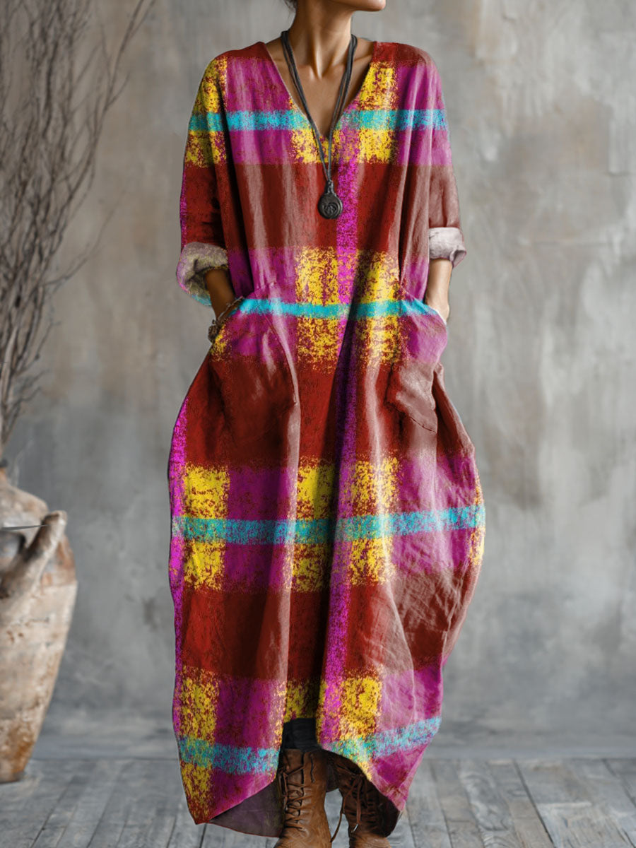 Women's Plaid Art Pattern Print Pocket V-neck Cotton Dress