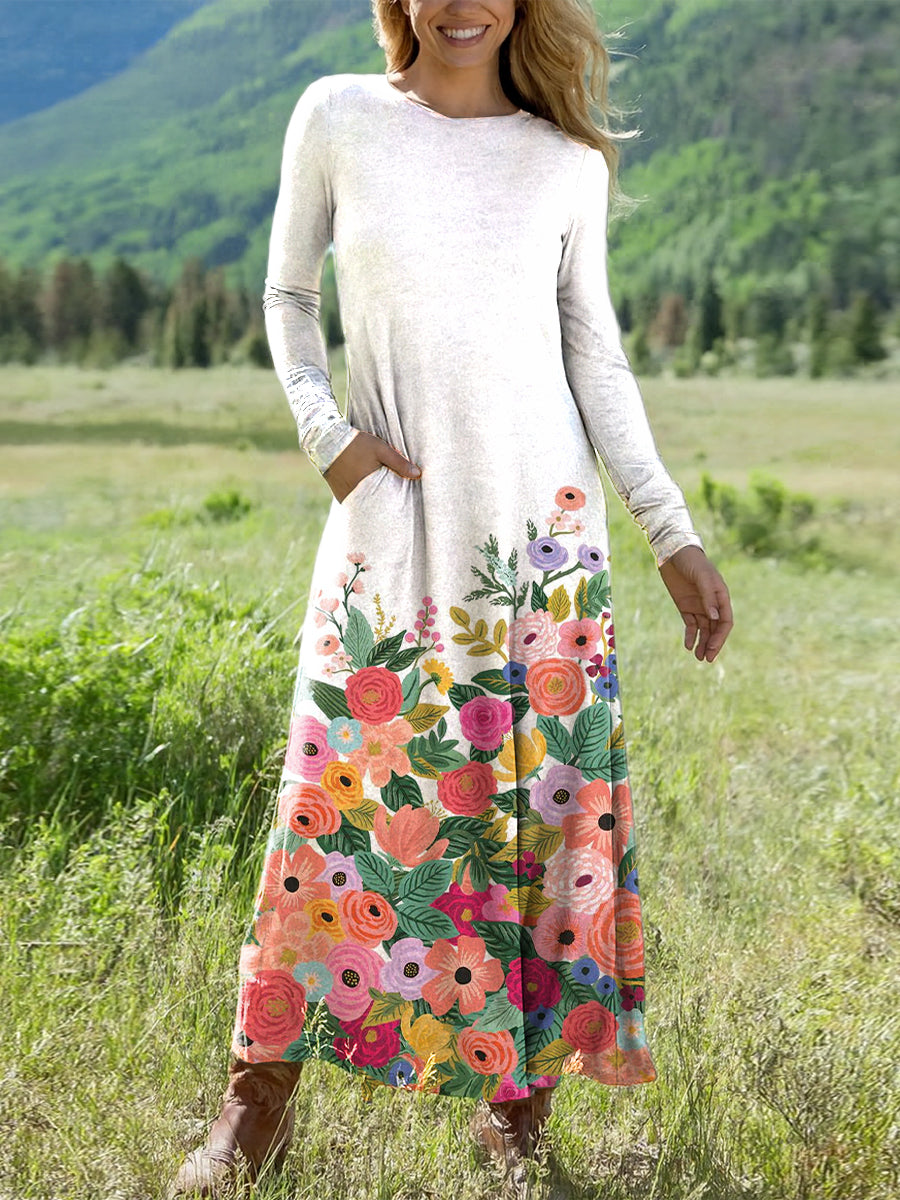 Women's Beautiful Colorful Floral Painting Art Print Long-sleeved V-neck Dress