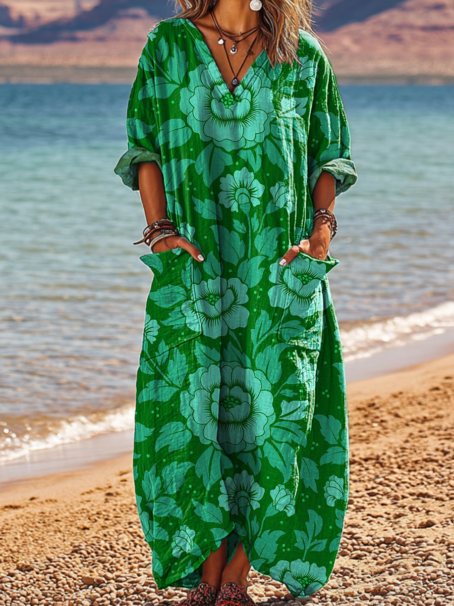 Women's Vintage Ethnic Floral Painting Art Print Pocket V-neck Cotton Dress