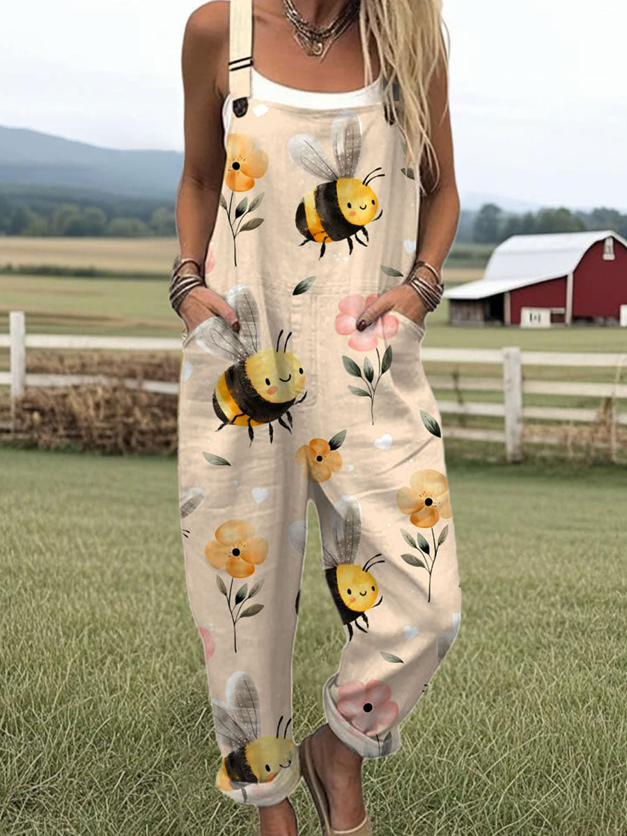 Women's Farm Funny Bee Art  Print Casual 100% Cotton Wide Leg Jumpsuit