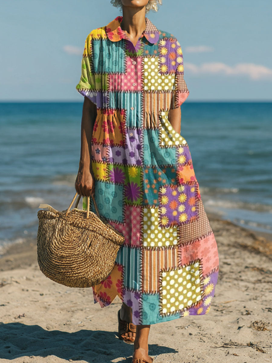 Women's Stitching Irregular Grid Art Print Dress