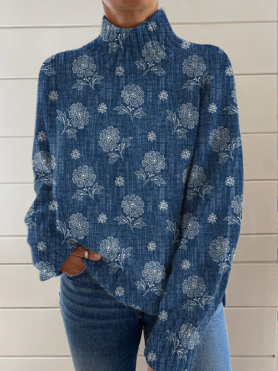 womens-floral-art-print-knit-turtleneck-pullover-sweater