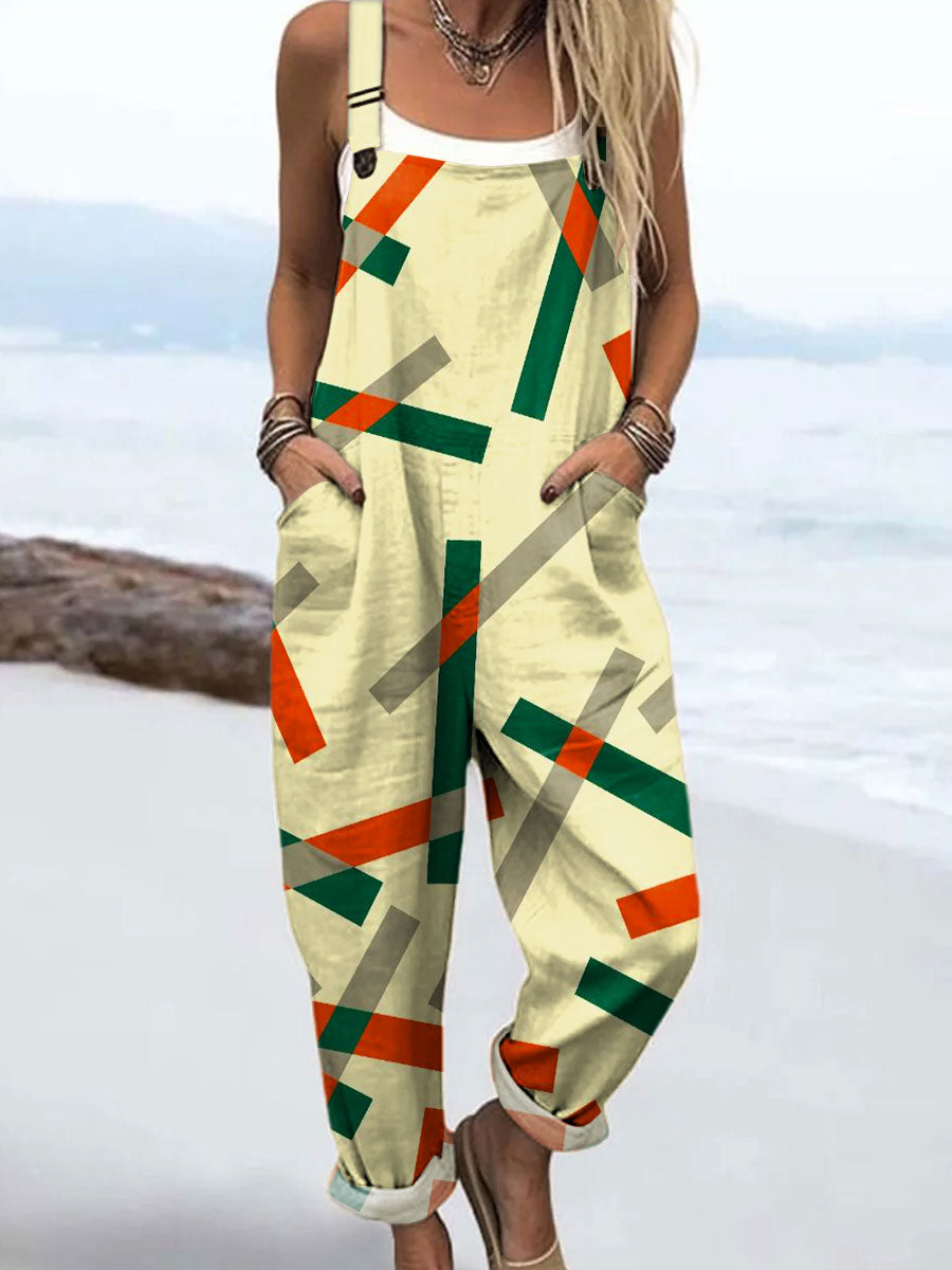 Women's Retro Geometric Rectangle Art Print Casual 100% Cotton Wide Leg Jumpsuit