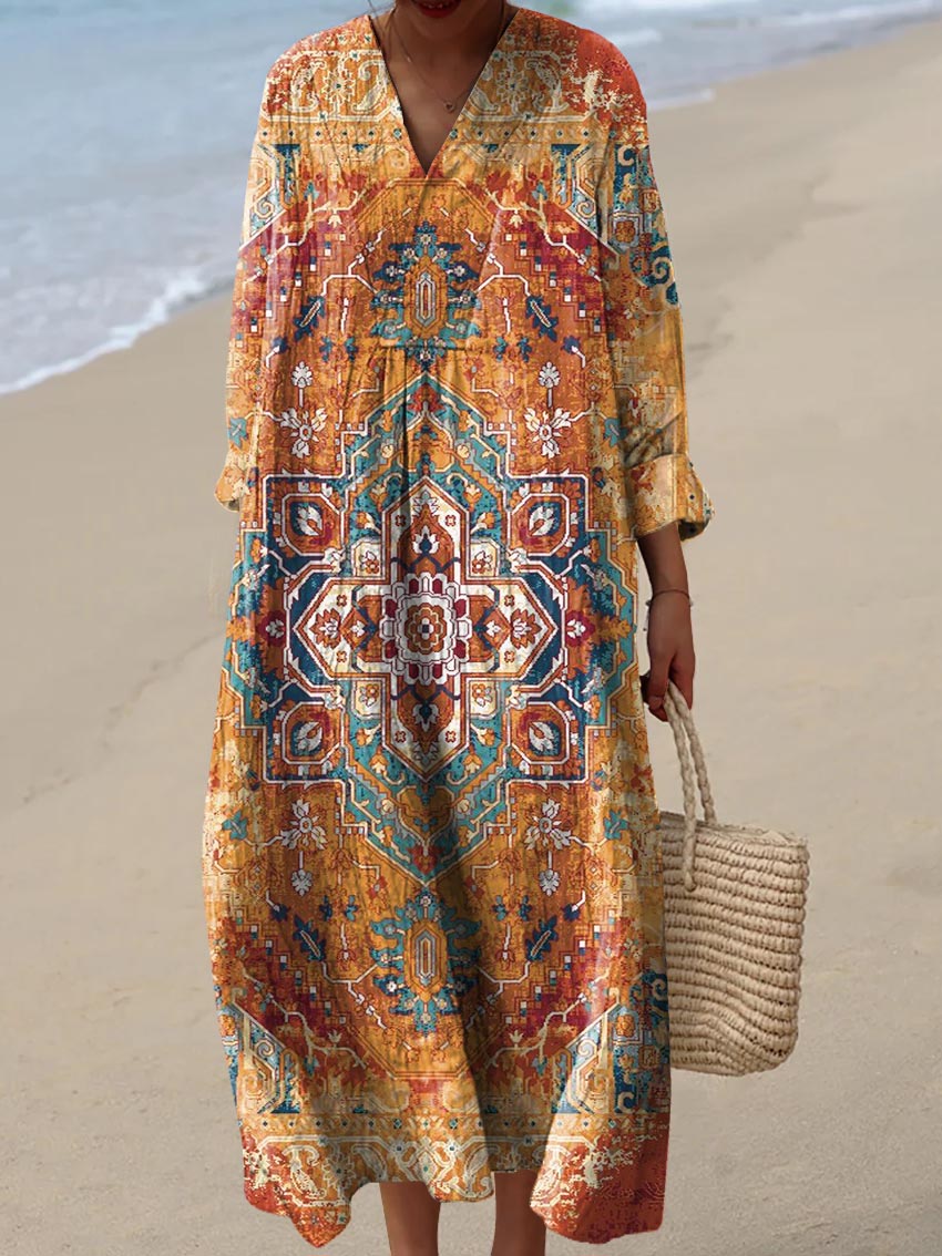 Women's Vintage Ethnic Floral Art Print Cotton Dress