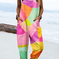 Women's Vintage Abstract Geometric Line Art Print Casual 100% Cotton Wide Leg Jumpsuit