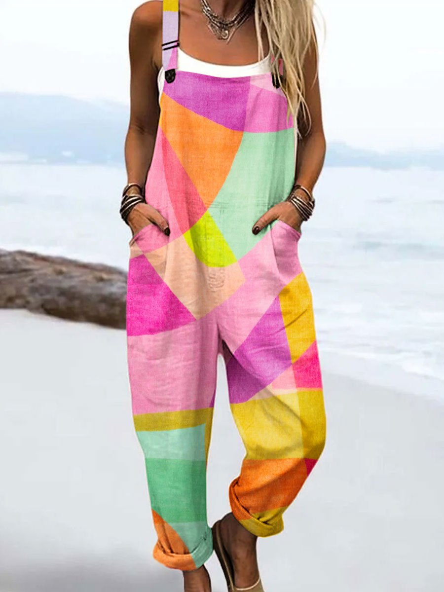 Women's Vintage Abstract Geometric Line Art Print Casual 100% Cotton Wide Leg Jumpsuit