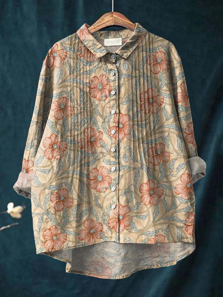 Women's Vintage Floral Pattern Art Print Casual Cotton And Linen Ruffle Shirt