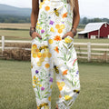 Damen-Jumpsuit mit Vintage-Bienen- und Blumenmuster, lässig, aus 100 % Baumwolle, mit weitem Bein 