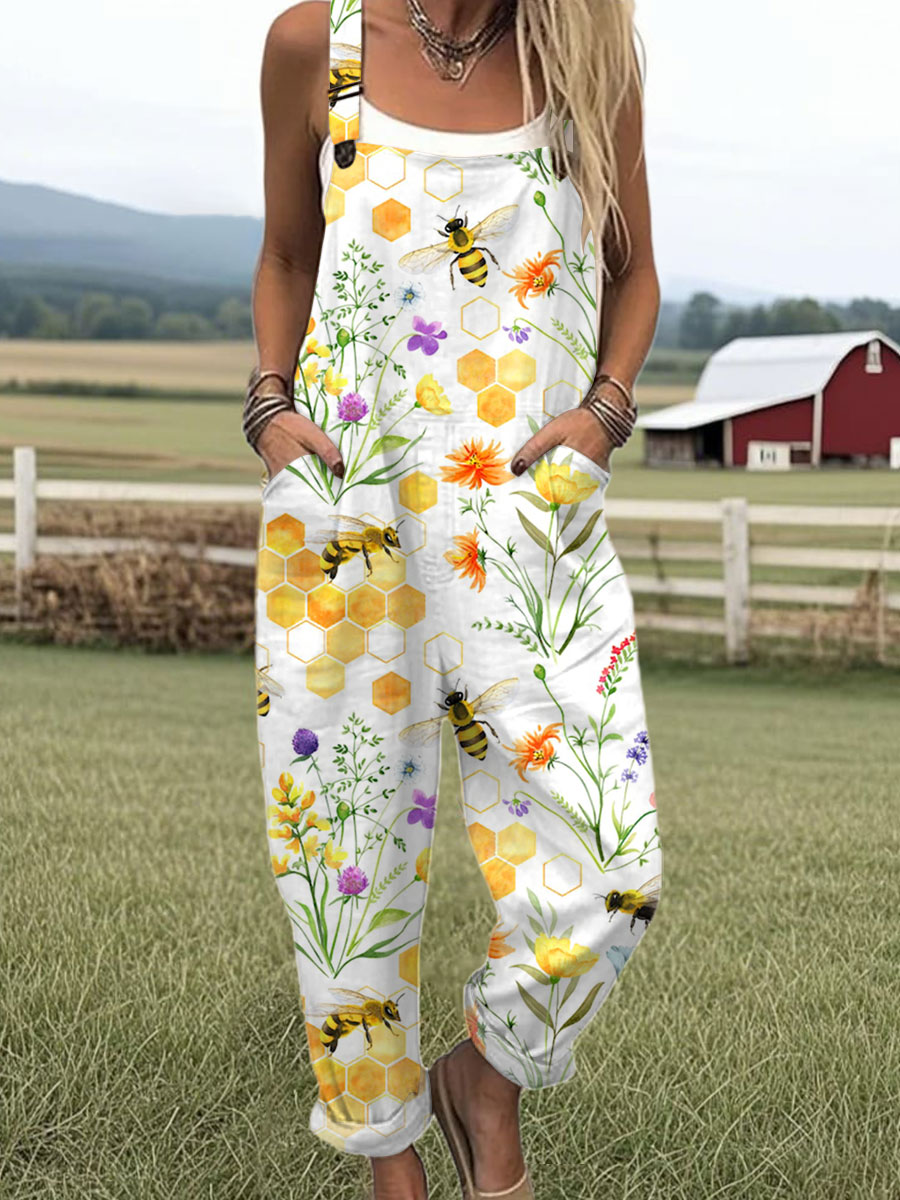 Women's Vintage Bee Floral Art Print Casual 100% Cotton Wide Leg Jumpsuit