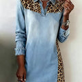 Women's Casual Denim Dress With Leopard Print Paneling