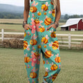 Women's Lovely Floral Bees Art Print Casual 100% Cotton Wide Leg Jumpsuit