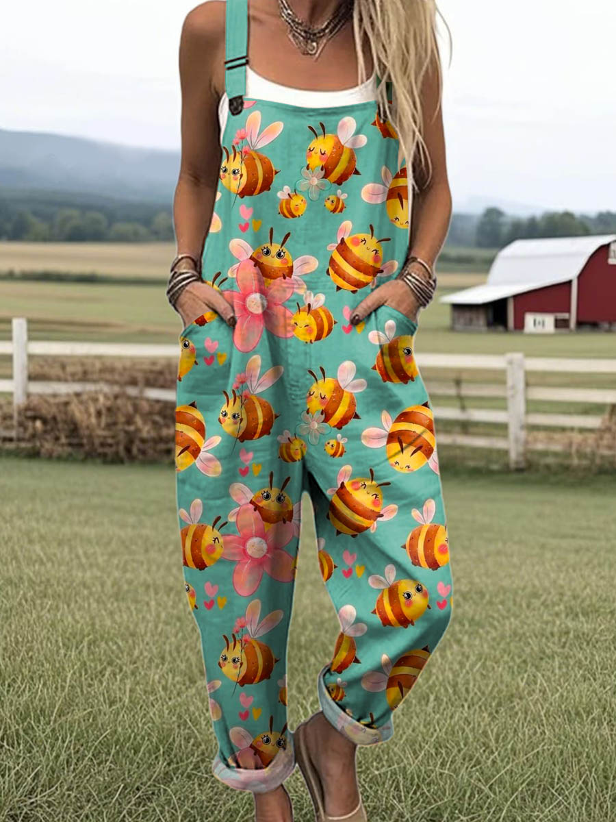 Women's Lovely Floral Bees Art Print Casual 100% Cotton Wide Leg Jumpsuit