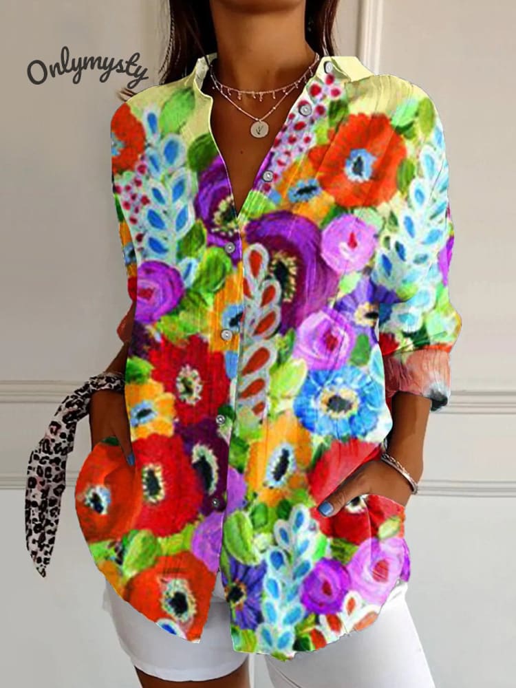 Women's  Flower  Art  Print Casual Cotton Shirt