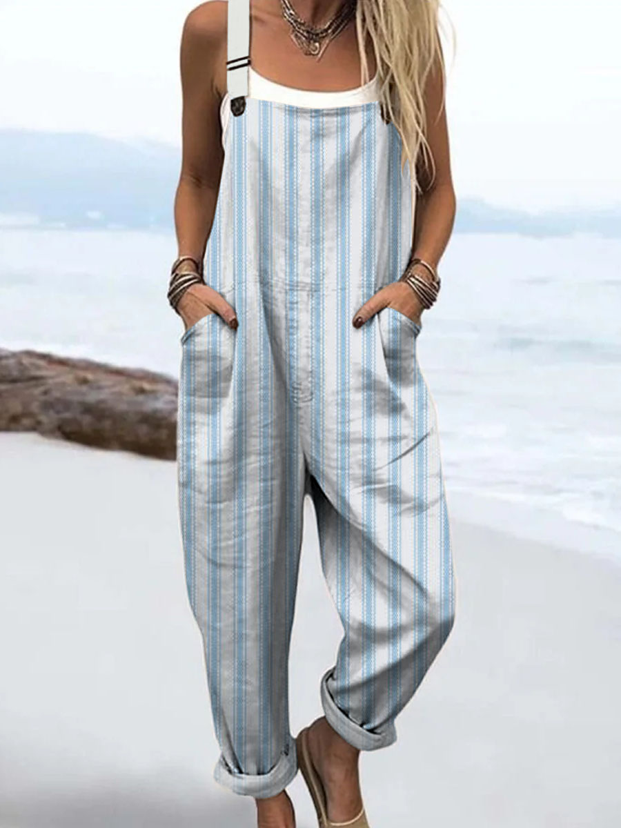 Women's Geometric Line Pattern Art Print Casual 100% Cotton Wide Leg Jumpsuit
