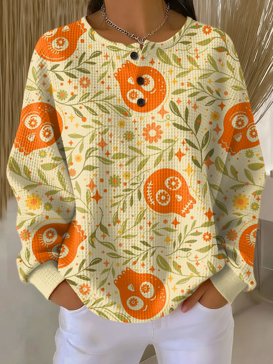 Women's Halloween Skull Leaves Flowers Pattern Art Print Casual Cotton Sweatshirt