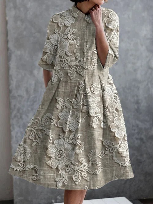 Vintage Embroidered Floral Print Casual Elegant Pocket Half Sleeve Dress