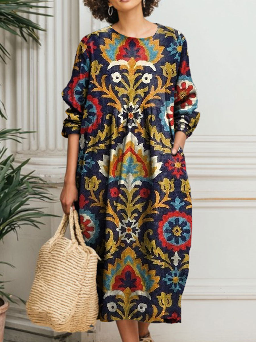 Women's Vintage Flower Art Print Pocket Cotton Dress