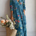 Women's Vintage Flower Art Print Linen Pocket Dress