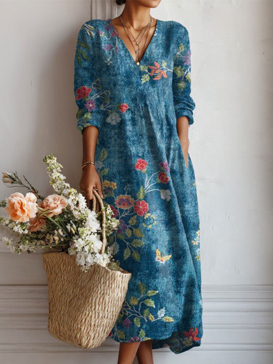 Women's Vintage Flower Art Print Linen Pocket Dress