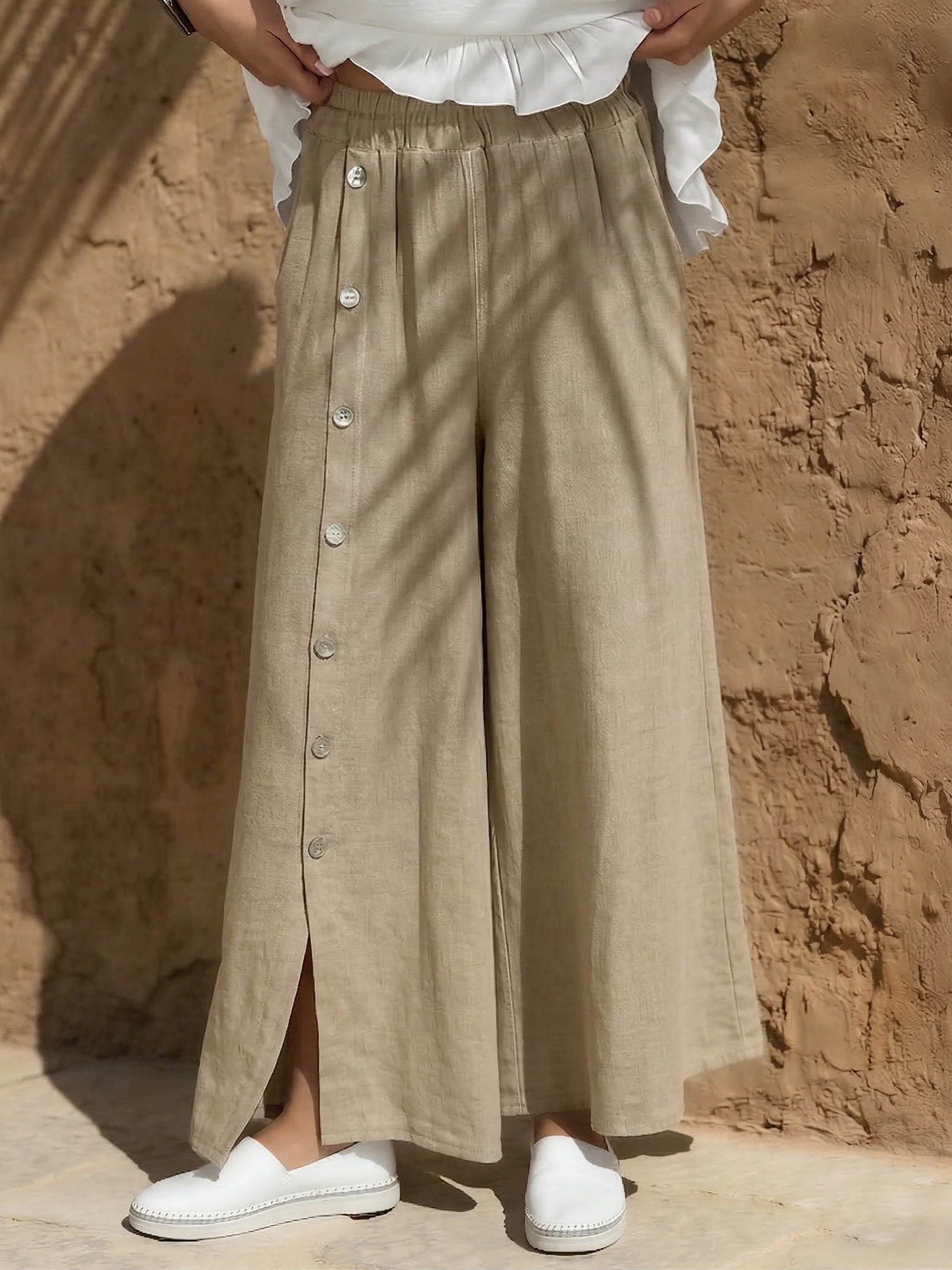 Cozy Buttoned Slits Cotton-linen Wide-leg Pants