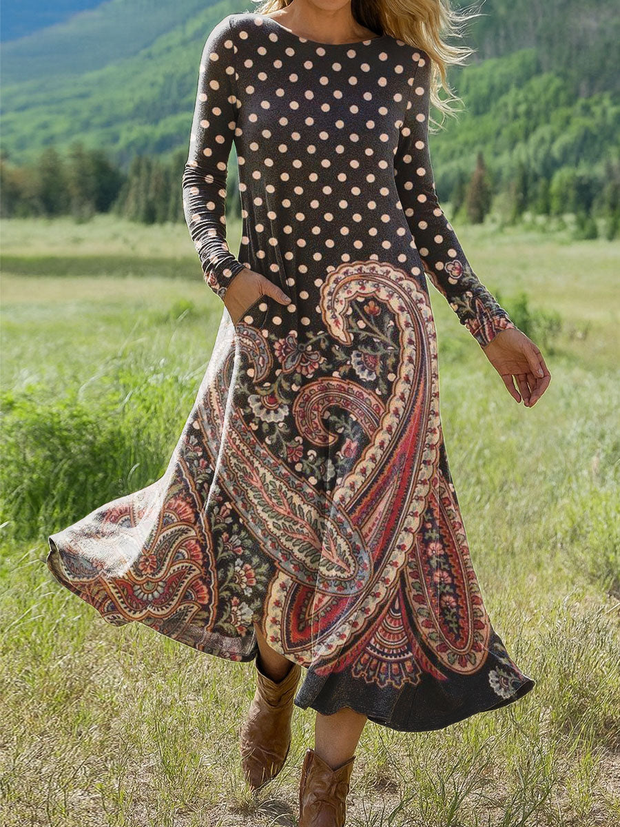 Women's Vintage Cashew Flower Art Print Long-sleeved Dress