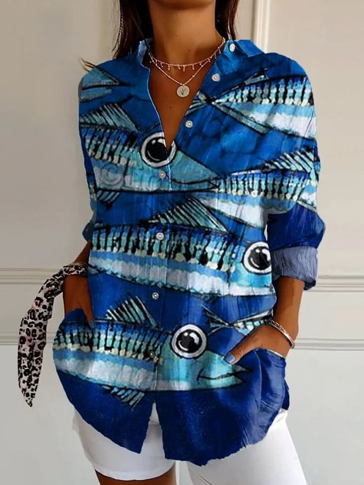 Women's Fish Art Print Casual Cotton Shirt