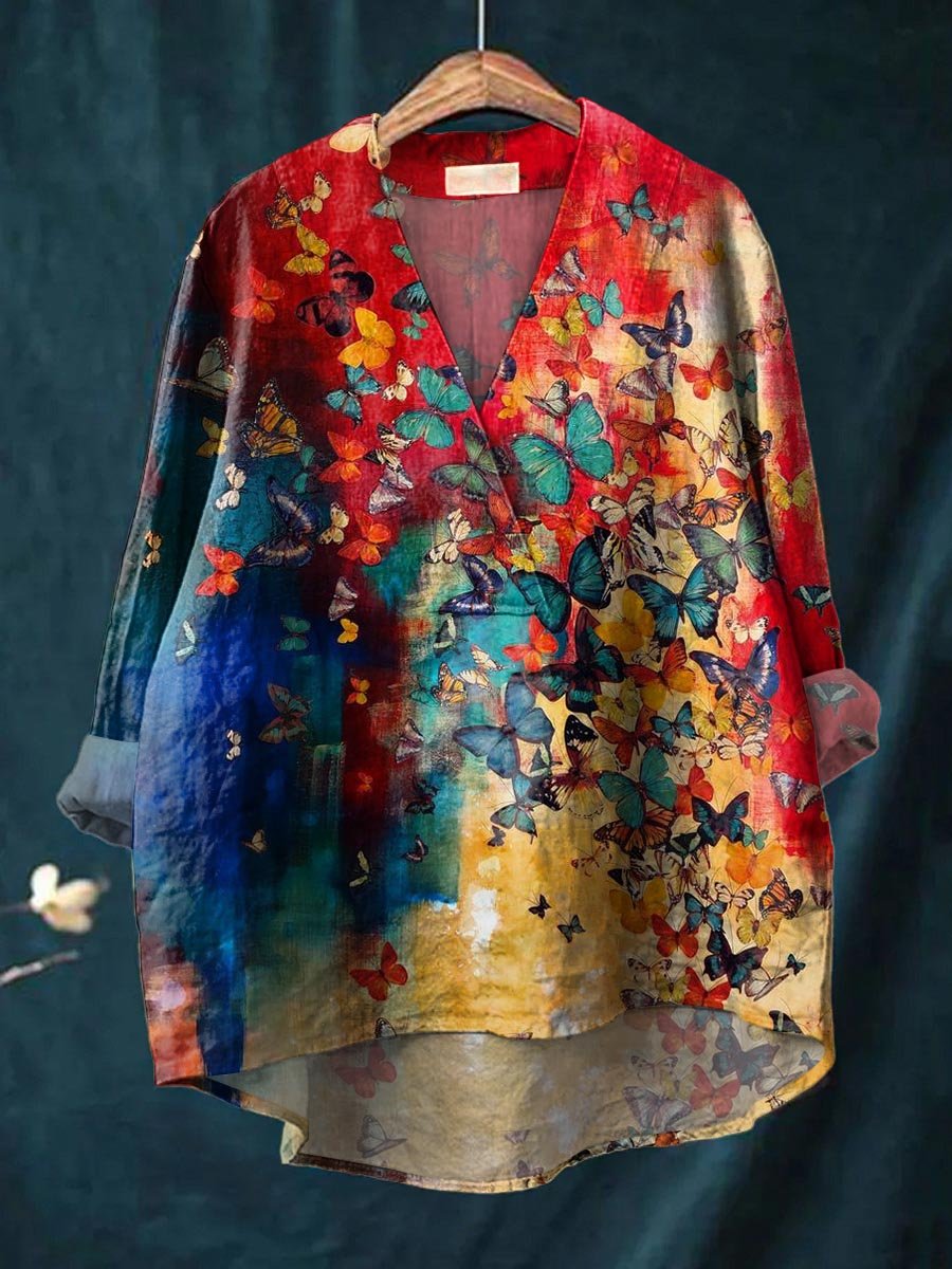 Women's Butterfly Print Casual Cotton And Linen V-neck Shirt