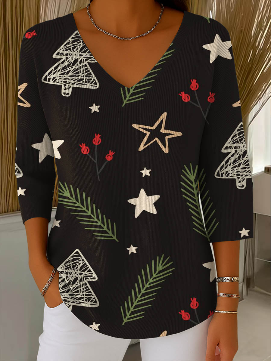 Women's Christmas Print V-Neck Three-Quarter Sleeve Casual Sweater