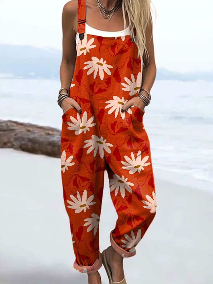 Women's Vintage Floral Art Print Casual 100% Cotton Wide Leg Jumpsuit