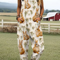 Women's Vintage Rabbit and Flowers Print Casual 100% Cotton Wide Leg Jumpsuit