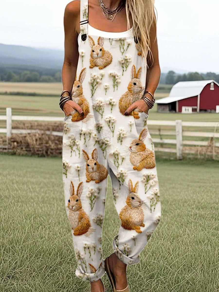 Women's Vintage Rabbit and Flowers Print Casual 100% Cotton Wide Leg Jumpsuit
