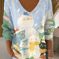Women's Winter Christmas Tree Snowman Cat Painting Art Print Casual Pullover Sweater