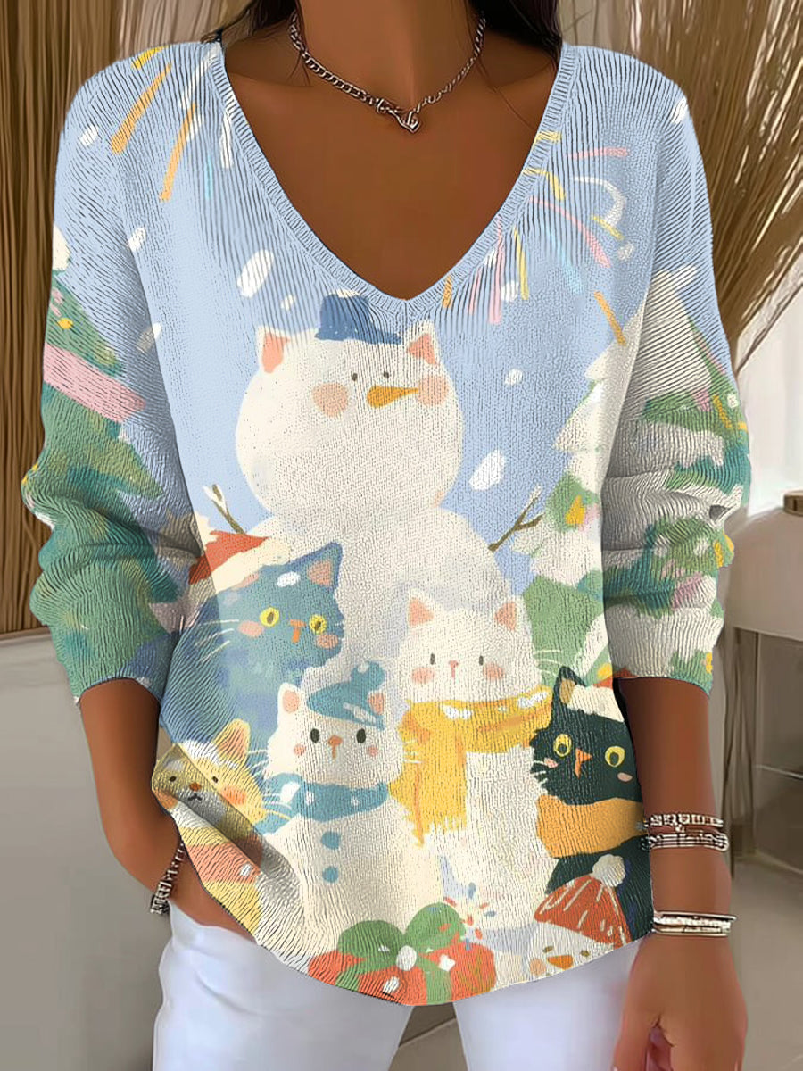 Women's Winter Christmas Tree Snowman Cat Painting Art Print Casual Pullover Sweater