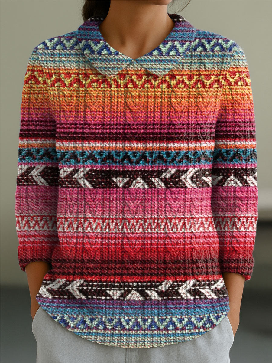 womens-vintage-pattern-art-print-casual-peter-pan-collar-3-4-sleeve-sweater