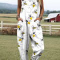 Women's Art Cute Bee Print Casual 100% Cotton Wide Leg Jumpsuit