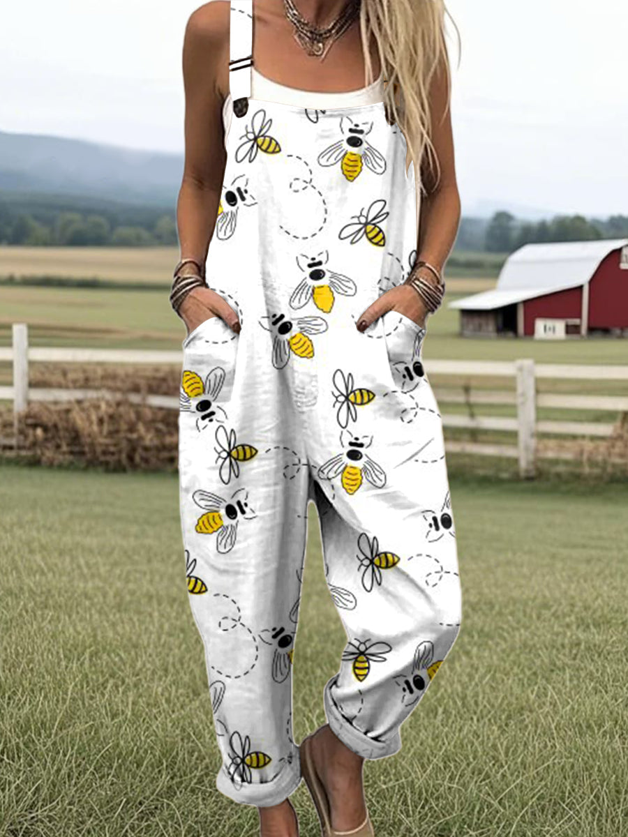 Women's Art Cute Bee Print Casual 100% Cotton Wide Leg Jumpsuit
