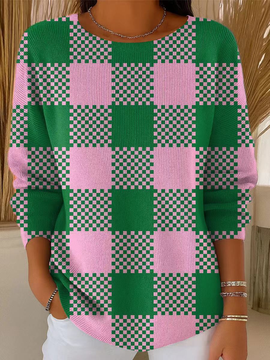 Women's Multicolor Plaid Painting Art Print Casual Pullover Sweater