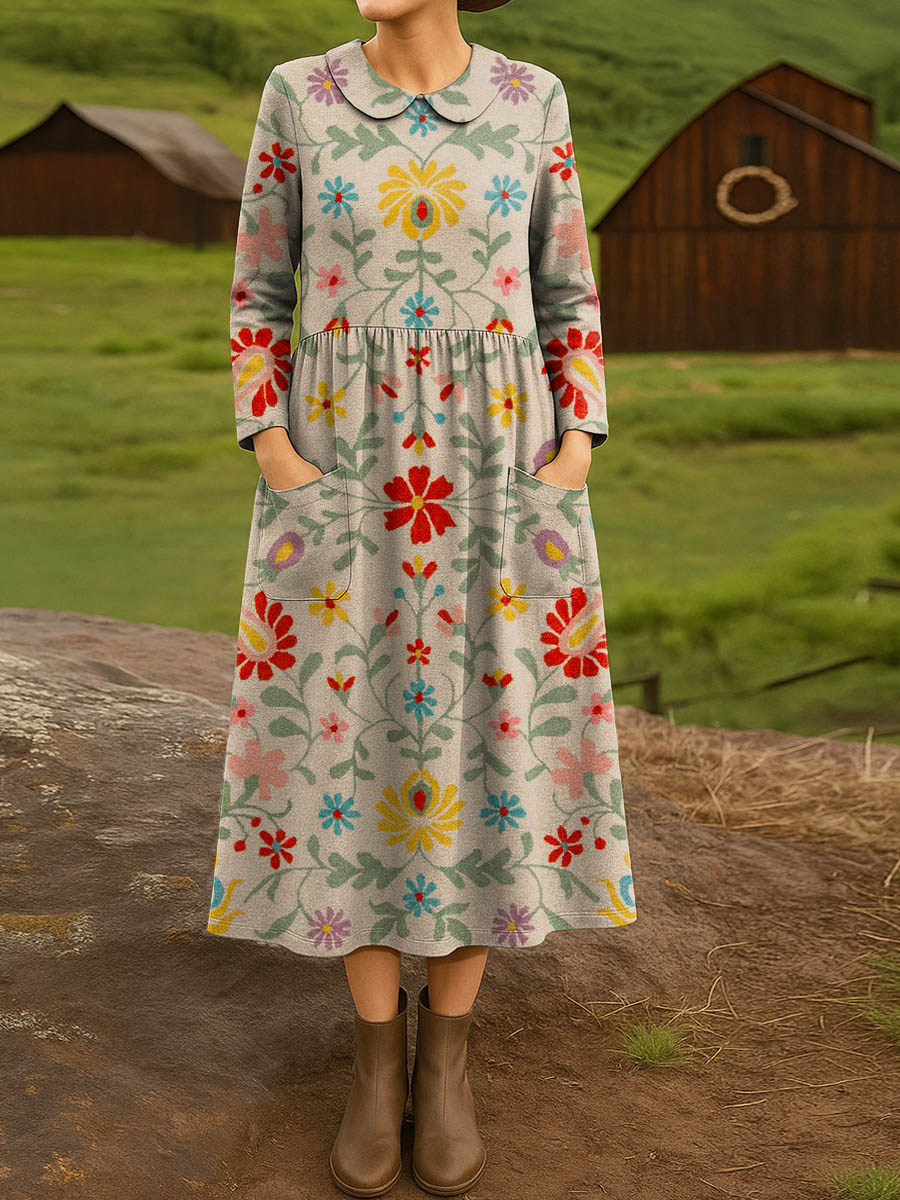 Women's Vintage Floral Pattern Art Print Cotton Lapel Shirt Dress