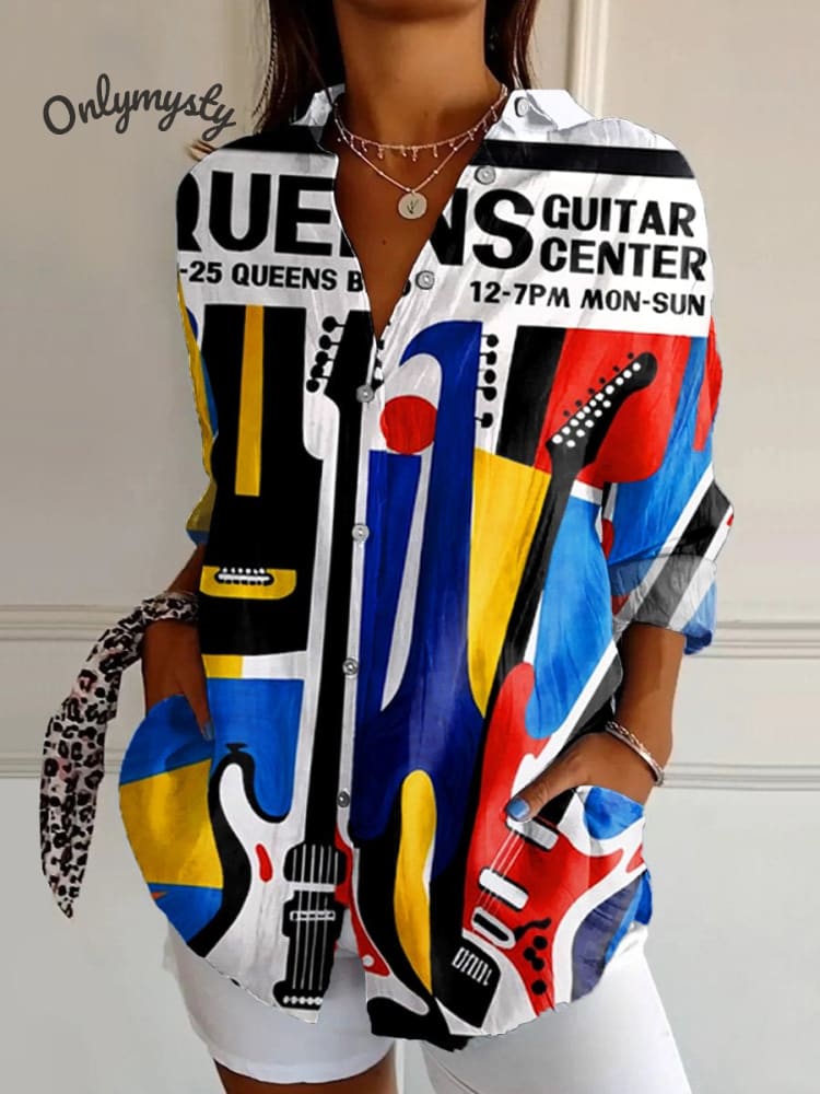 Women's  Retro  Music  Art  Print Casual Cotton Shirt