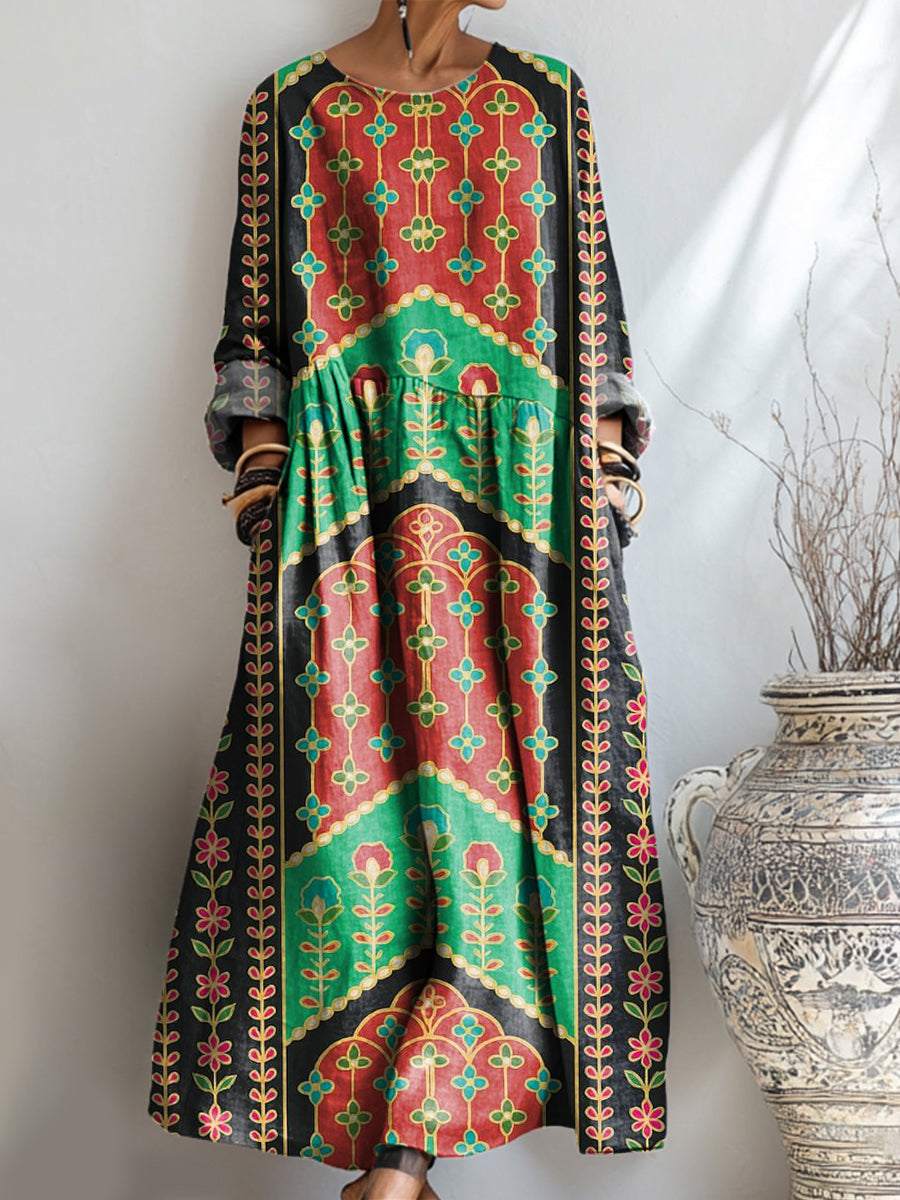 Women's Vintage Ethnic Geometric Totem Art Print Pocket Cotton Dress