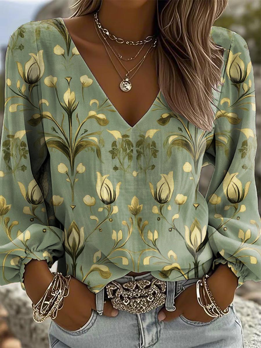 Women's Vintage Floral Art Pattern Print Casual Cotton And Linen Shirt