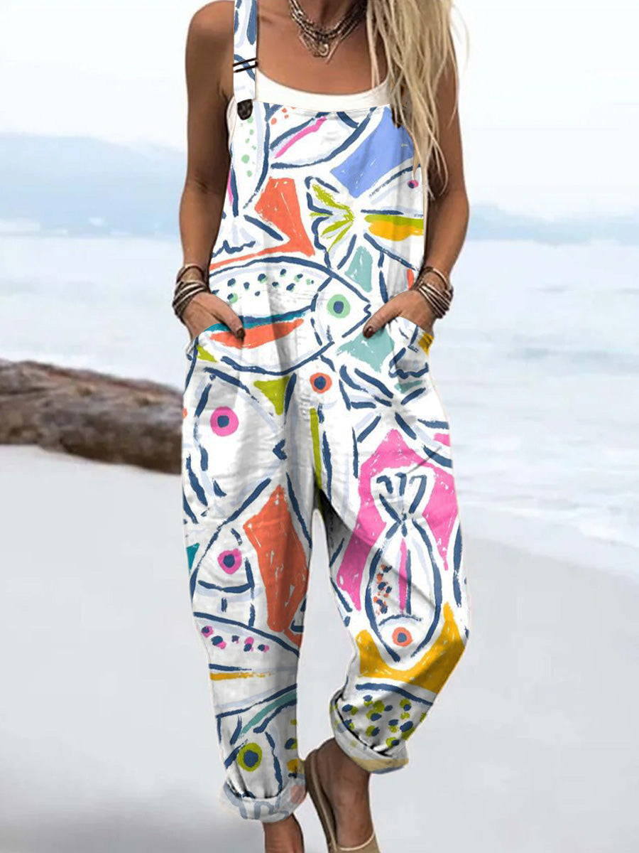 Women's Art Colourful Abstract Fish Print Casual 100% Cotton Wide Leg Jumpsuit