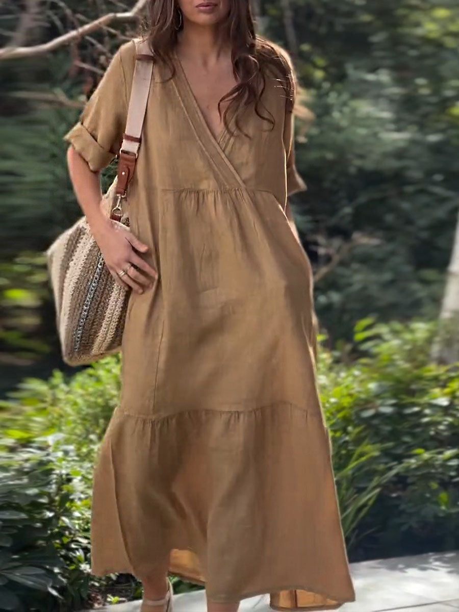 Women's Solid Color V-Neck 3/4 Sleeve Casual Loose Cotton and Linen Dress