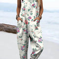 Women's Vintage Lovely Floral Art Print Casual 100% Cotton Wide Leg Jumpsuit
